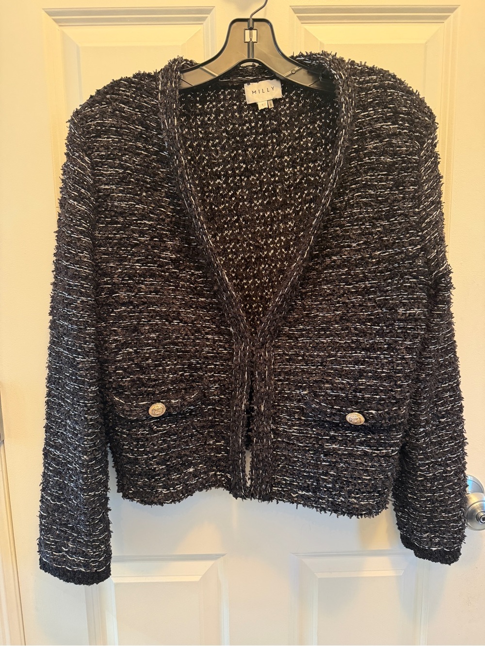 Milly Black and White Bouclé Open-Front Tweed Jacket